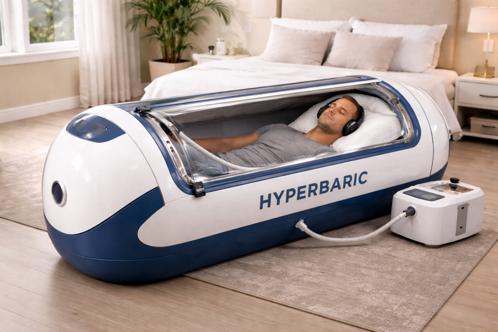 person using a home hyperbaric chamber for recovery