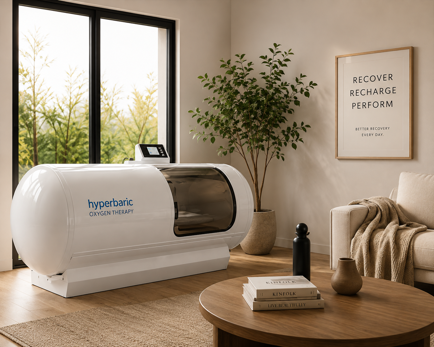 White hyperbaric oxygen therapy chamber in a modern living room next to a tall plant and beige sofa, with a framed wall sign nearby.
