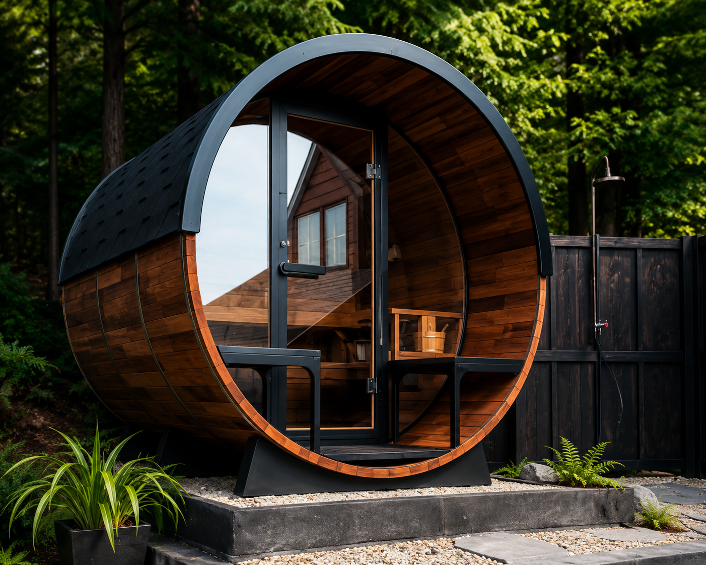 Round wooden barrel sauna with a glass door, sitting on a concrete platform in a green backyard.