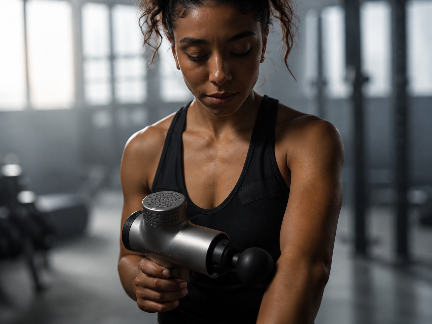 Woman in a black athletic top using a handheld massage gun on her upper arm in a gym, focusing on the muscle relief moment.