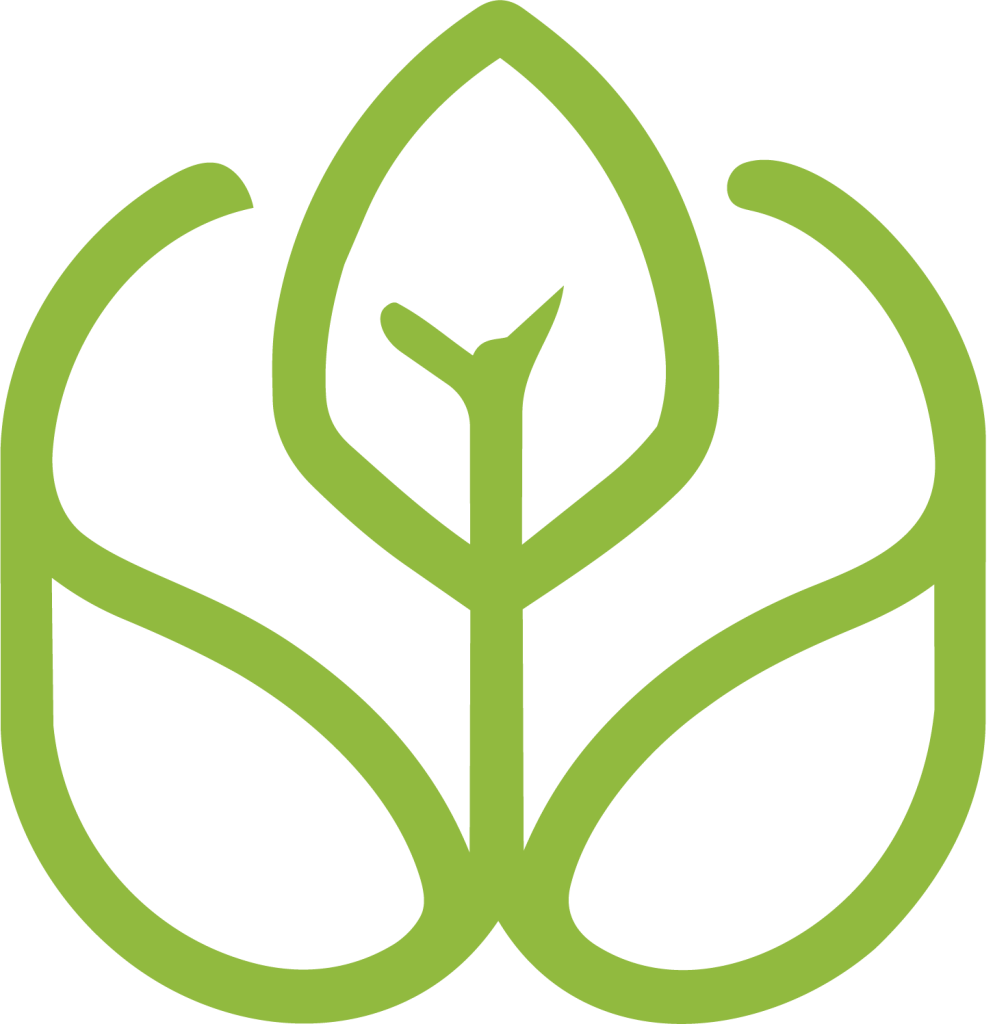Green abstract leaf logo with looping, symmetrical lines forming a central stem.